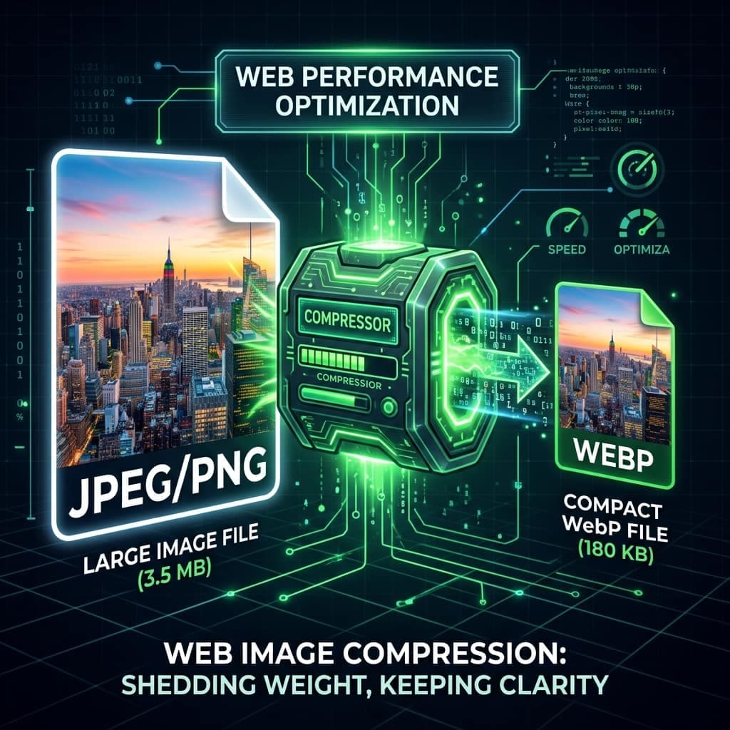 3.5 MB JPEG image passing through a compressor into a 180 KB WebP file — web image compression keeps clarity while shedding weight