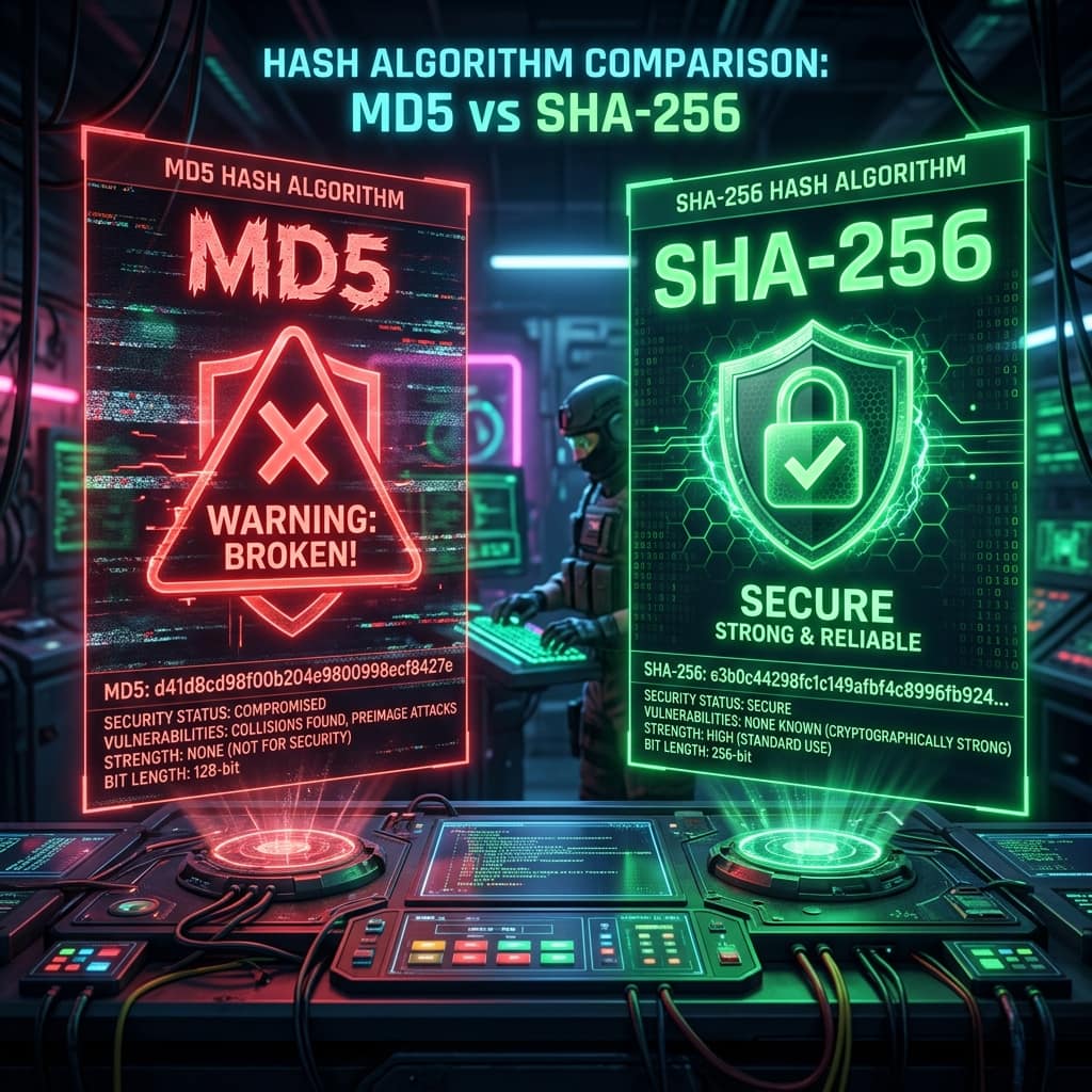 Side-by-side comparison of MD5 marked broken with warning symbol versus SHA-256 marked secure with shield — hash algorithm security comparison