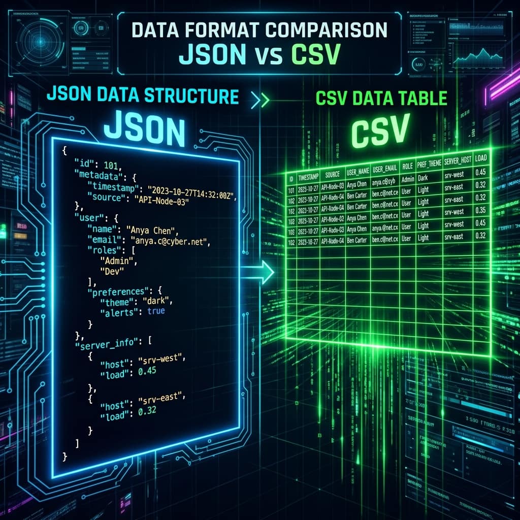 Side-by-side comparison of nested JSON data structure and flat CSV data table — choosing between JSON and CSV formats