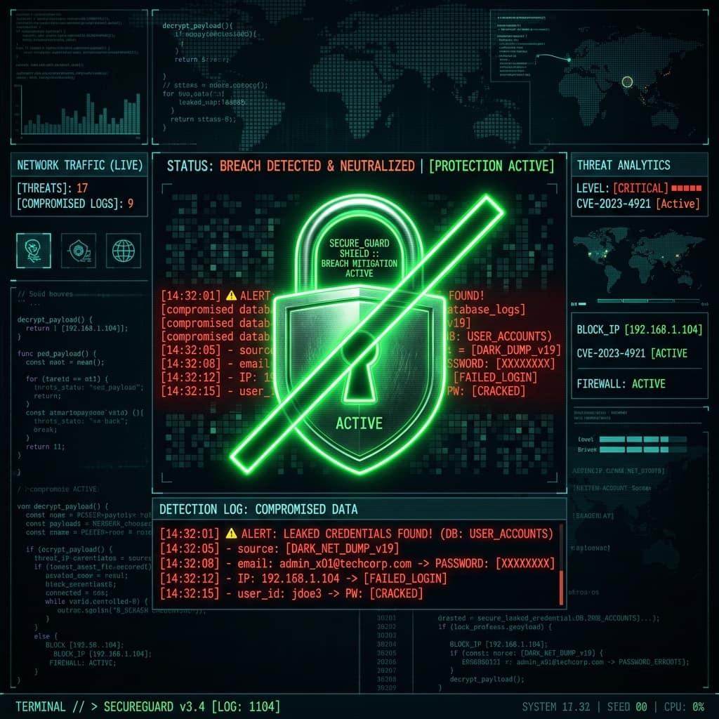 Security dashboard detecting leaked credentials in a breach database with protection shield active — safe password leak checking
