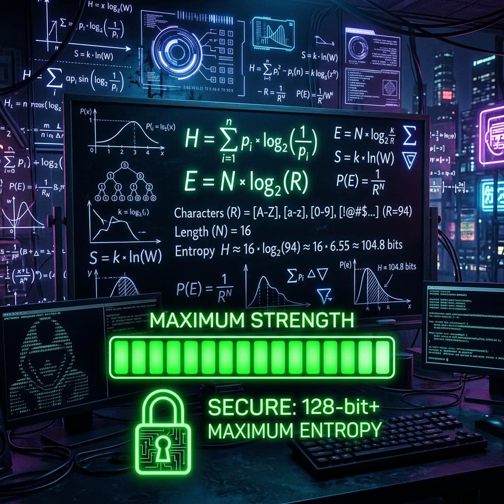 Entropy formula E = N x log2(R) on screen showing 16 characters from a 94-symbol set equals 104.8 bits — the math behind password strength