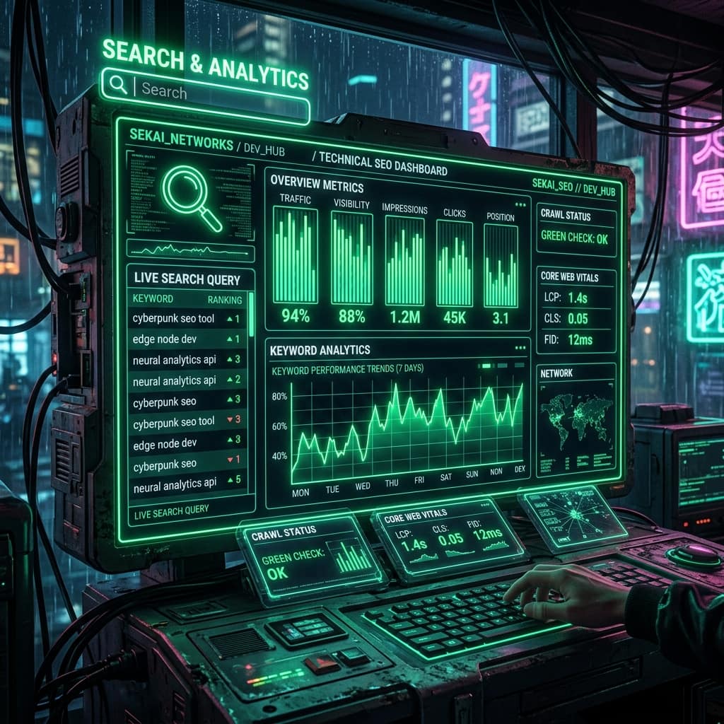 Technical SEO dashboard showing traffic, impressions, keyword rankings and Core Web Vitals metrics — free SEO tools for bloggers