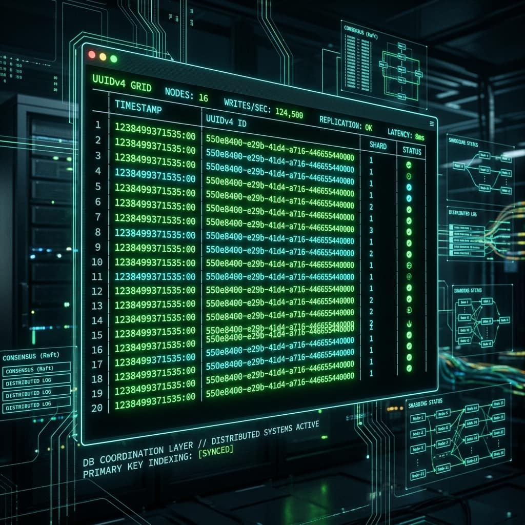 Distributed database grid generating UUID v4 identifiers across 16 nodes with replication status — how UUIDs work as primary keys
