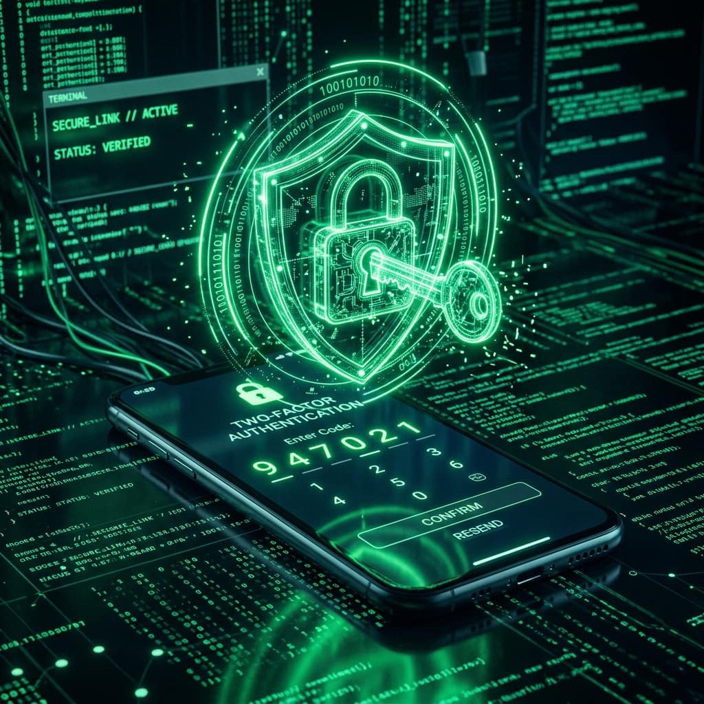 Phone showing 2FA authentication code with lock and shield hologram — account security tutorial