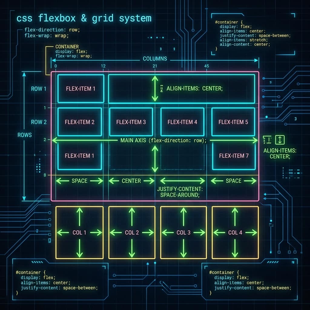 CSS Flexbox blueprint diagram showing flex container, rows, columns, main axis, justify-content and align-items properties