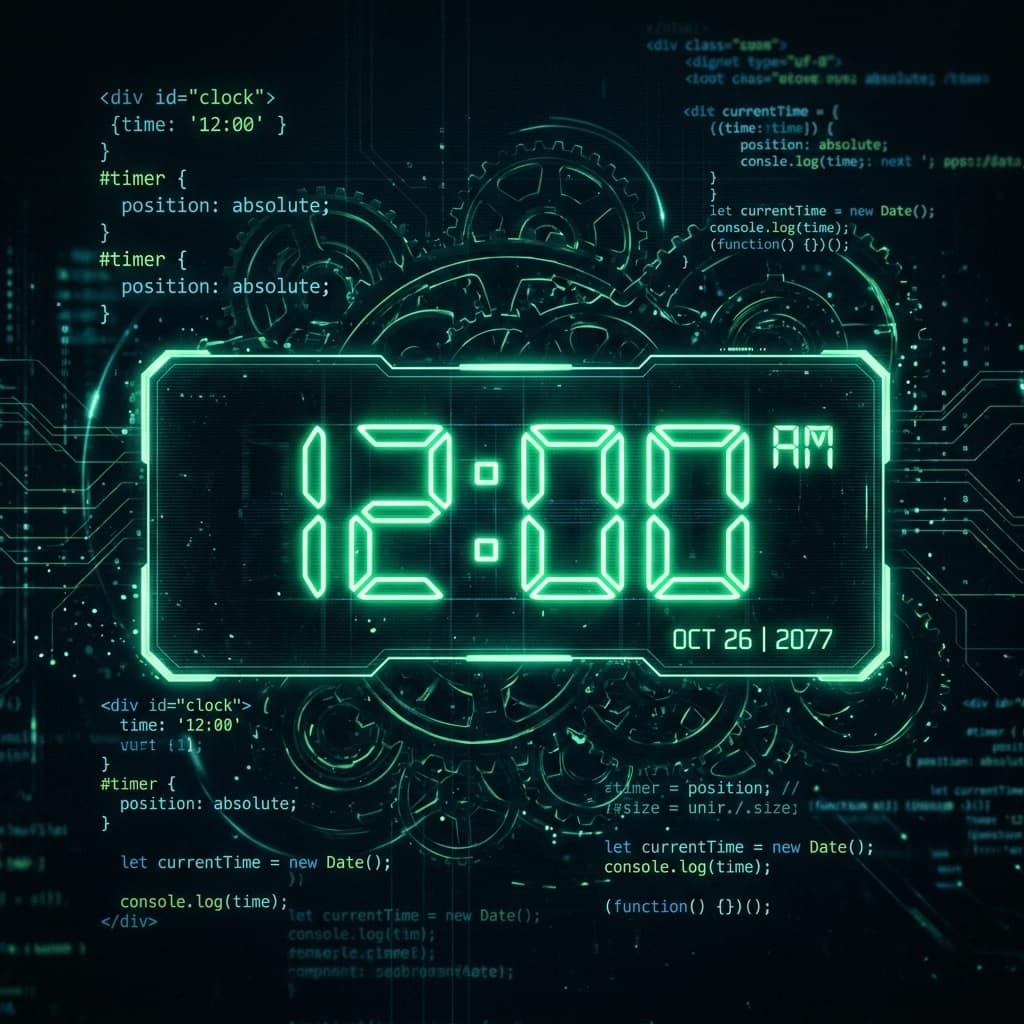 Neon green digital clock display built with JavaScript Date object and setInterval — beginner coding project