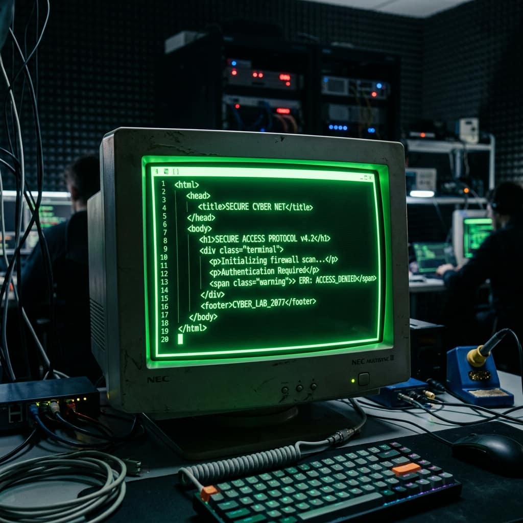 Retro CRT monitor displaying HTML code — HTML basics tutorial