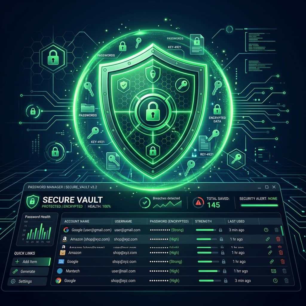 Password manager secure vault interface with encryption shield, saved account logins, password strength meters and breach alerts — password manager beginner guide
