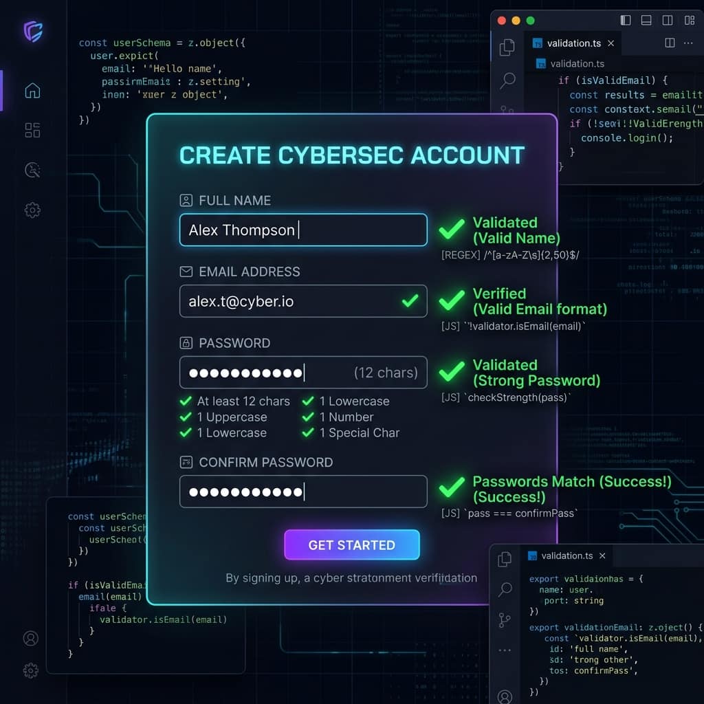 Signup form with name, email and password fields showing green validation checkmarks, regex pattern and password strength rules — JavaScript form validation project