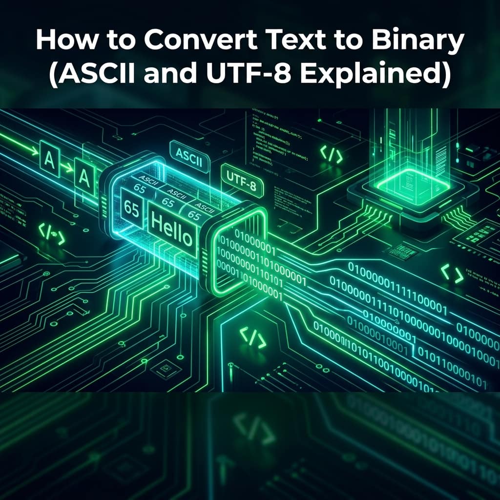 The letter A converted to ASCII code 65 and then to binary 01000001, flowing into a stream of UTF-8 bits across a circuit board